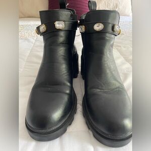 Sleek Black Ankle Boots with Gemstone Details